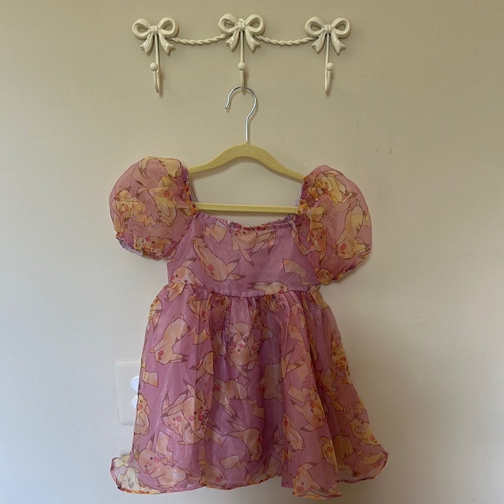 Pokémon Pikachu - Pink Puff-Sleeve Organza Baby Dress with Yellow Print
